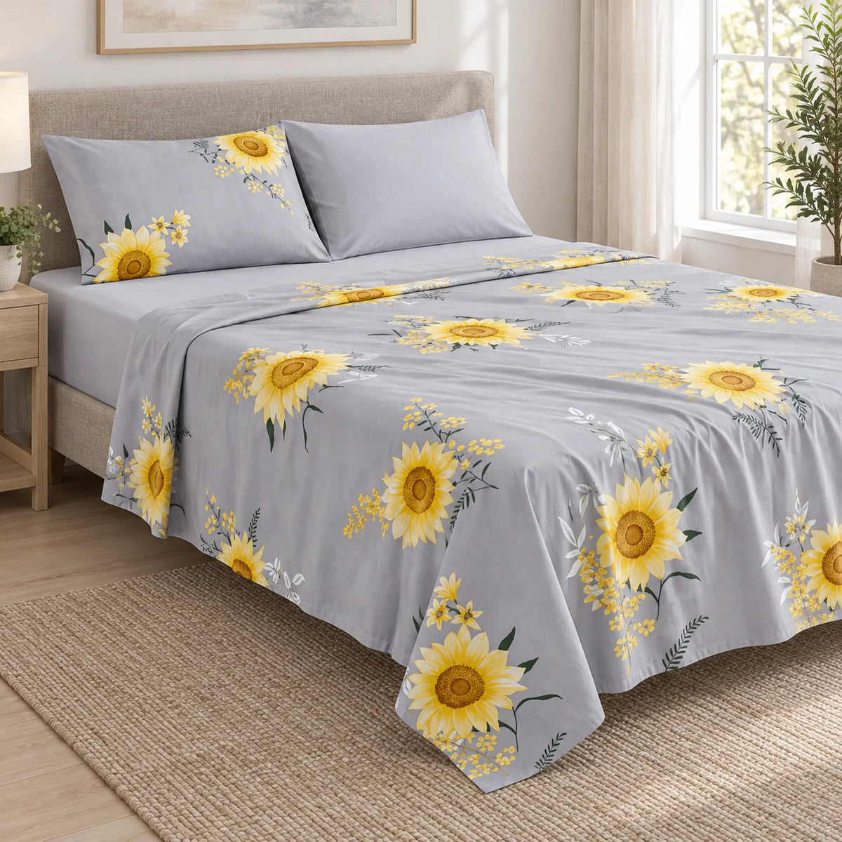 Juego de sábanas 4 piezas estampado gris con girasoles – caída en ángulo