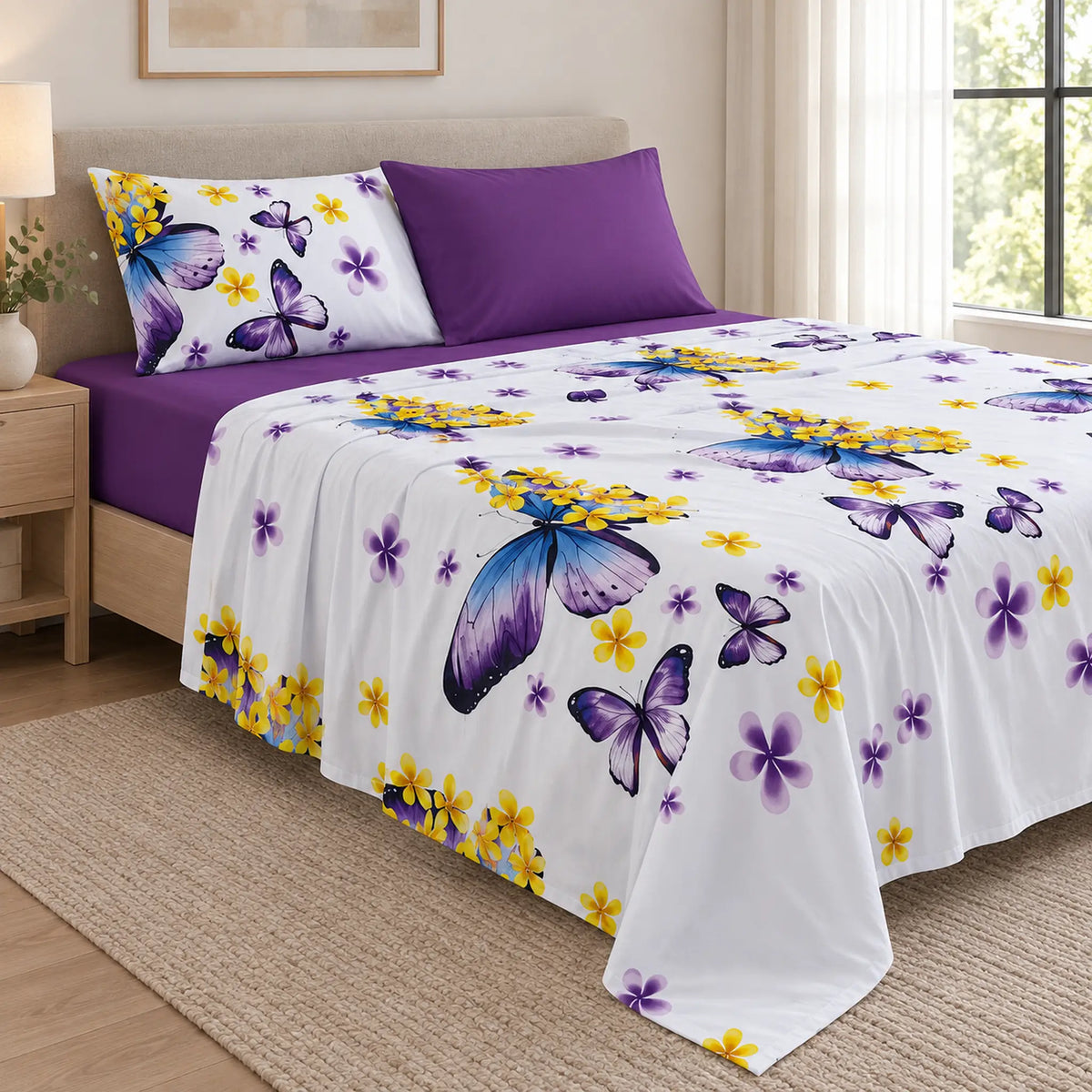 Juego de sábanas 4 piezas estampado morado con mariposas – caída en ángulo
