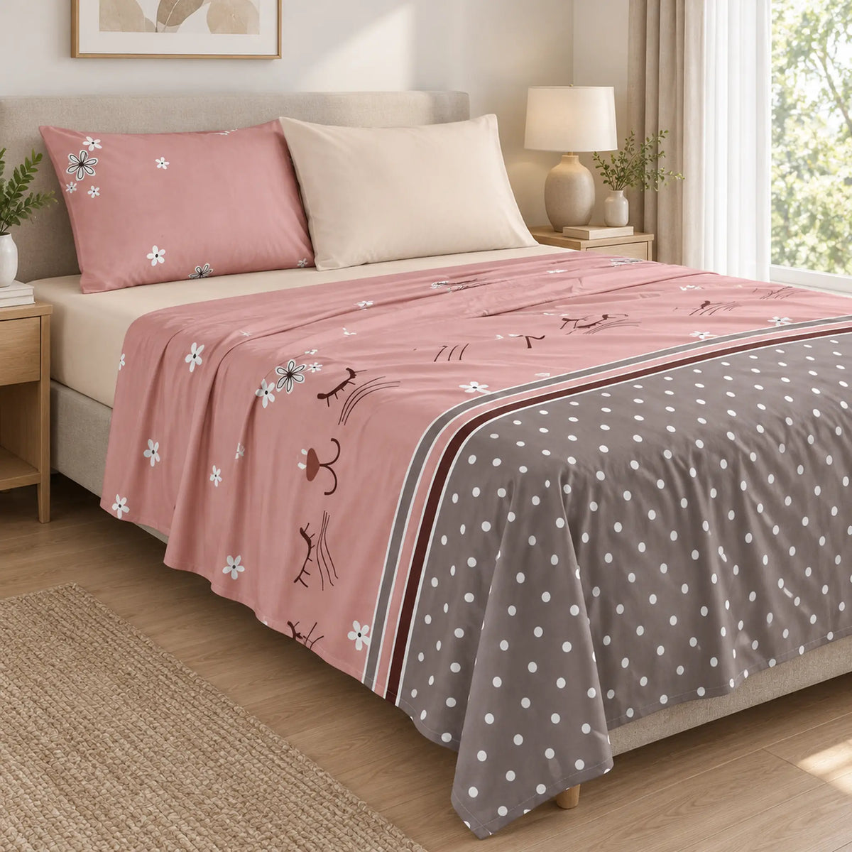 Juego de sábanas 4 piezas estampado rosa con gatito – caída en ángulo