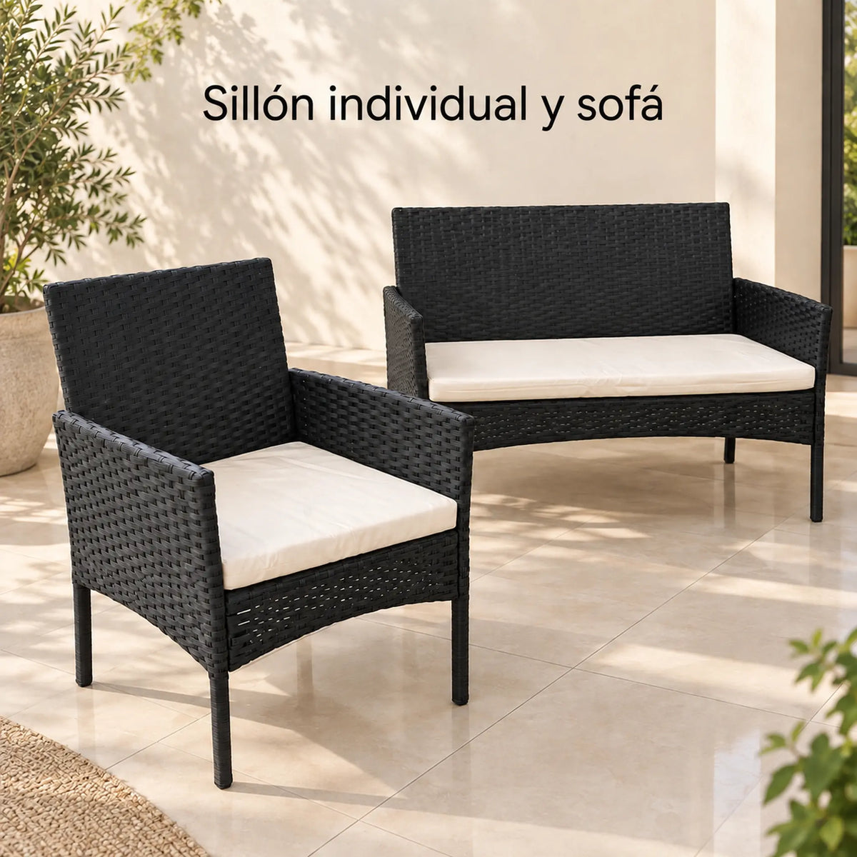 Sillón individual y sofá de 2 puestos del juego de terraza, en tejido negro con cojines crema