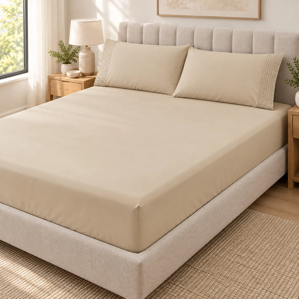 Forro ajustable liso con 2 sobrefundas bordadas, color Beige – vista en ángulo