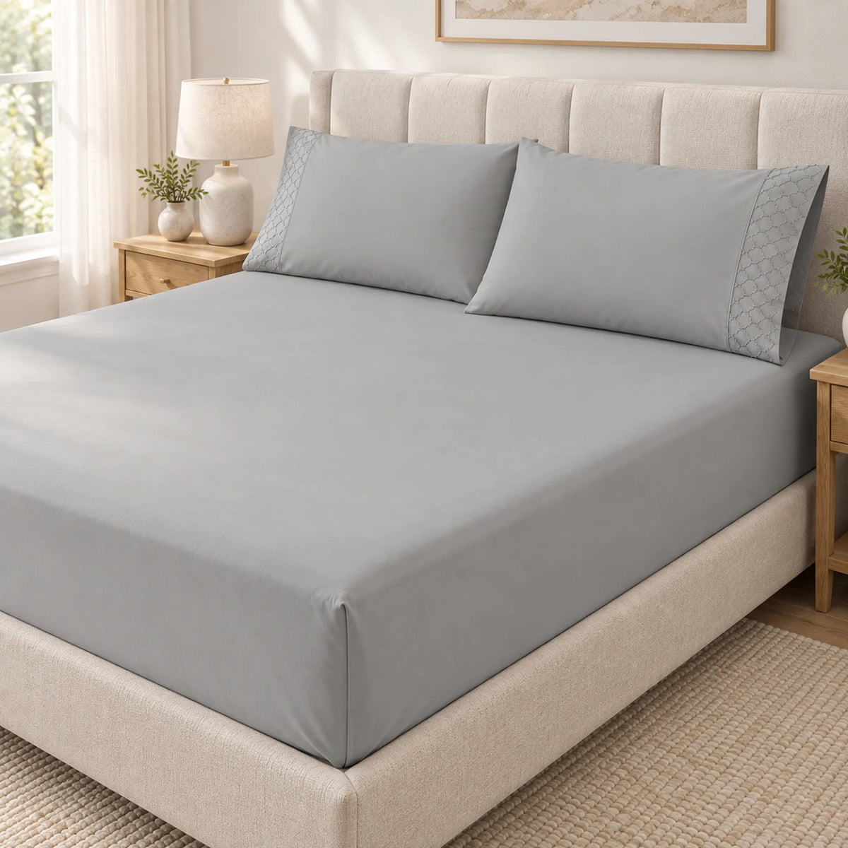 Forro ajustable liso con 2 sobrefundas bordadas, color Gris – vista en ángulo