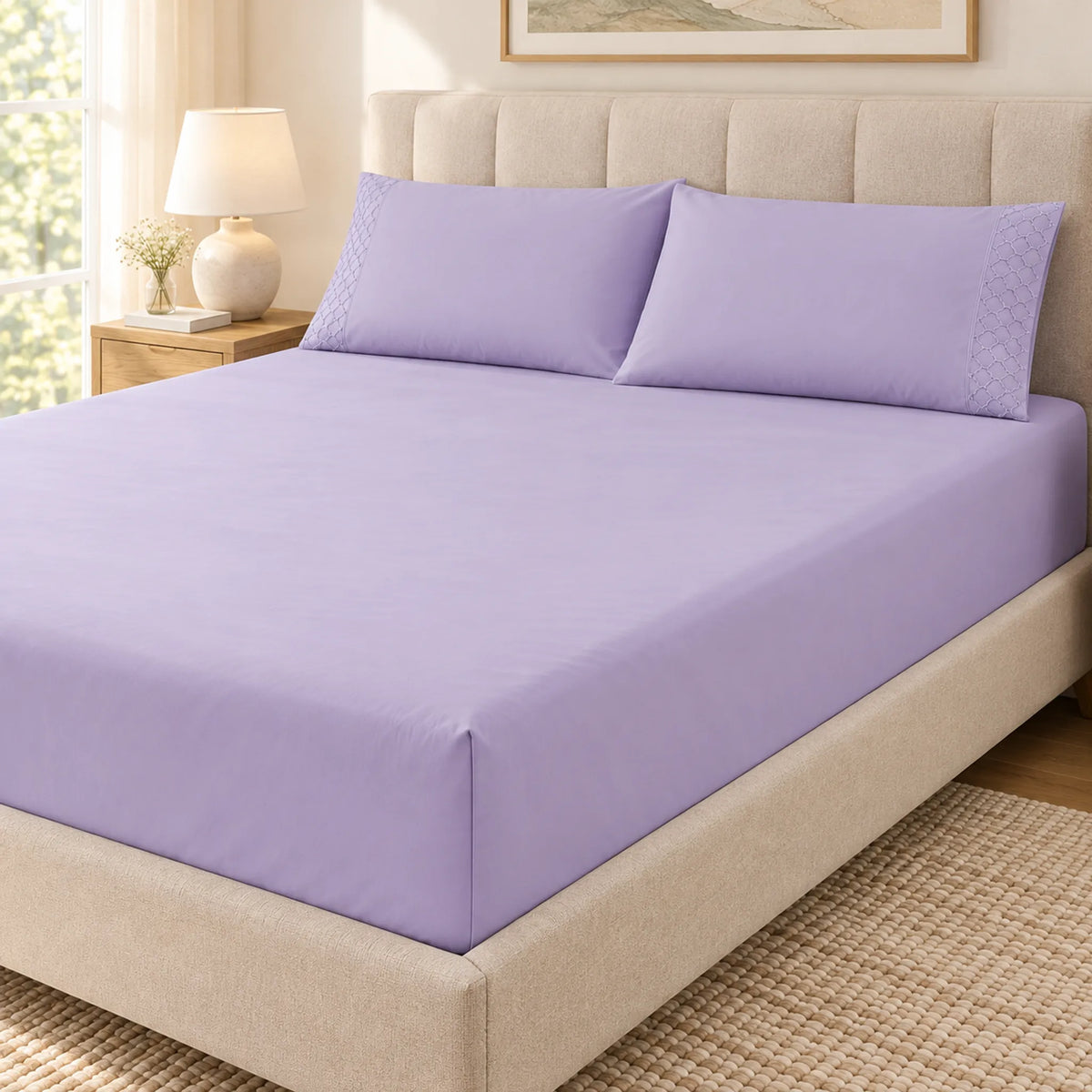 Forro ajustable liso con 2 sobrefundas bordadas, color Lila – vista en ángulo