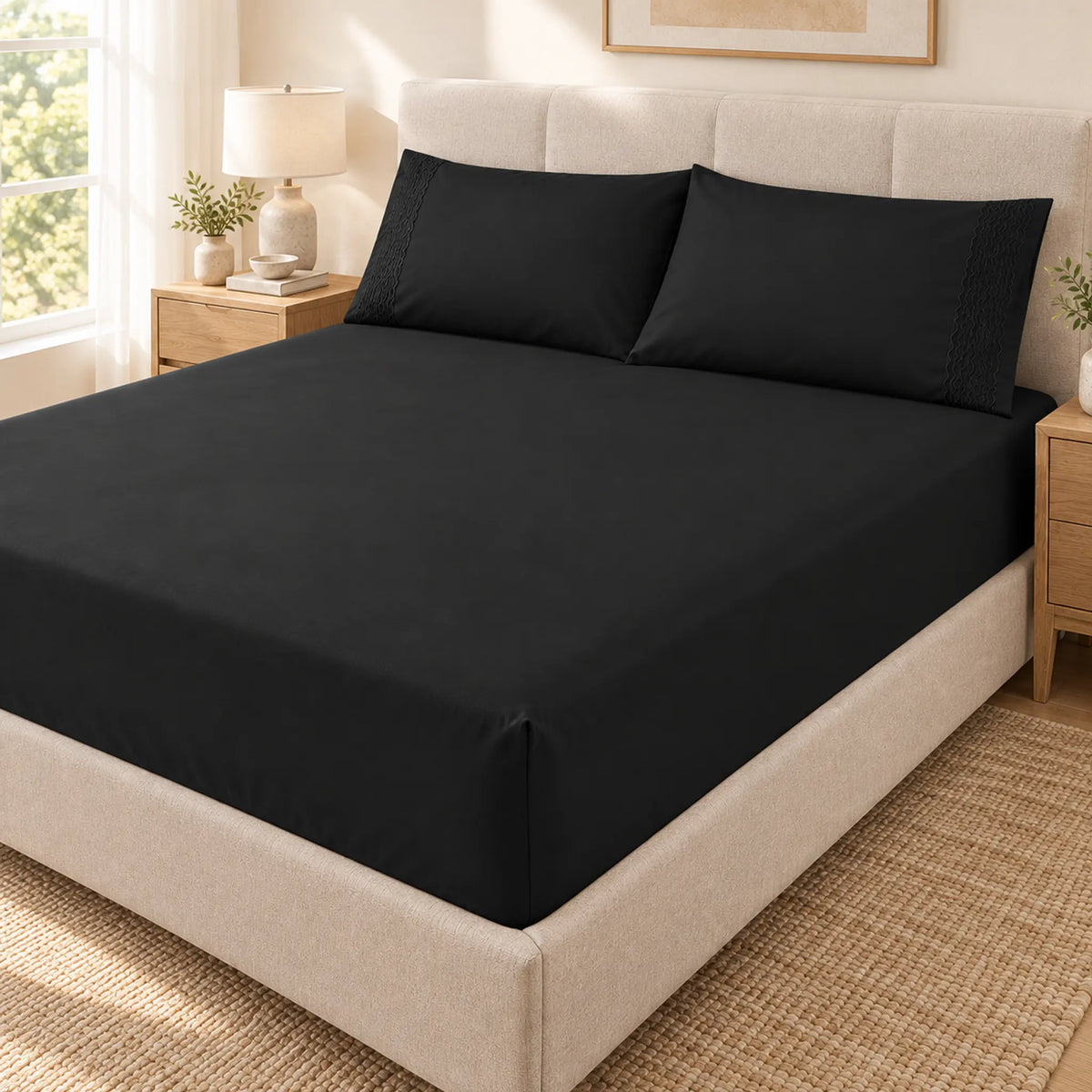 Forro ajustable liso con 2 sobrefundas bordadas, color Negro – vista en ángulo