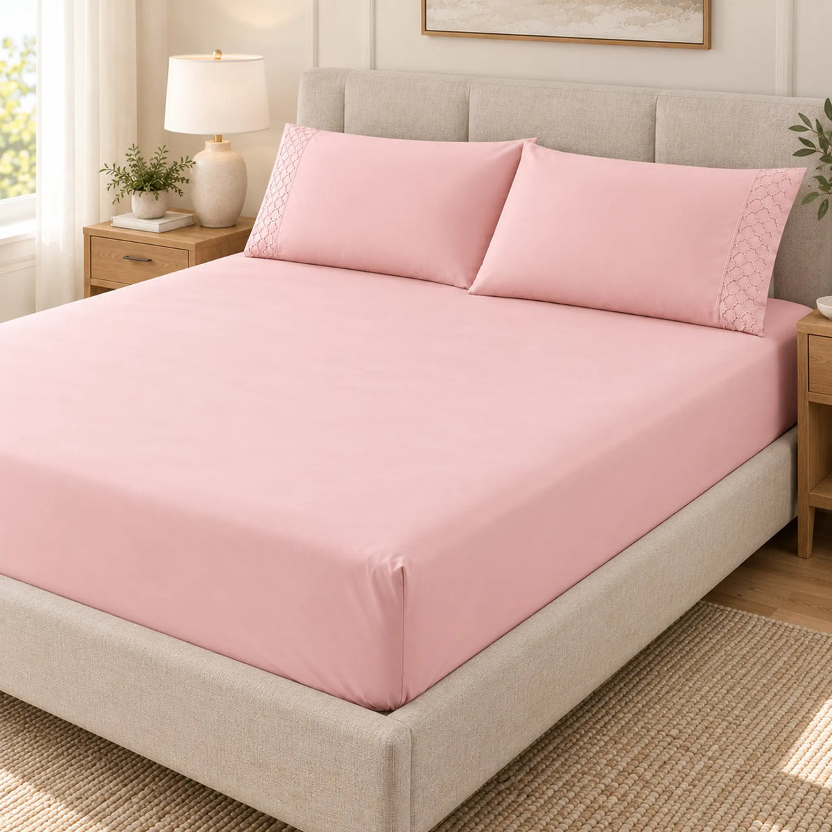 Forro ajustable liso con 2 sobrefundas bordadas, color Rosa Claro – vista en ángulo