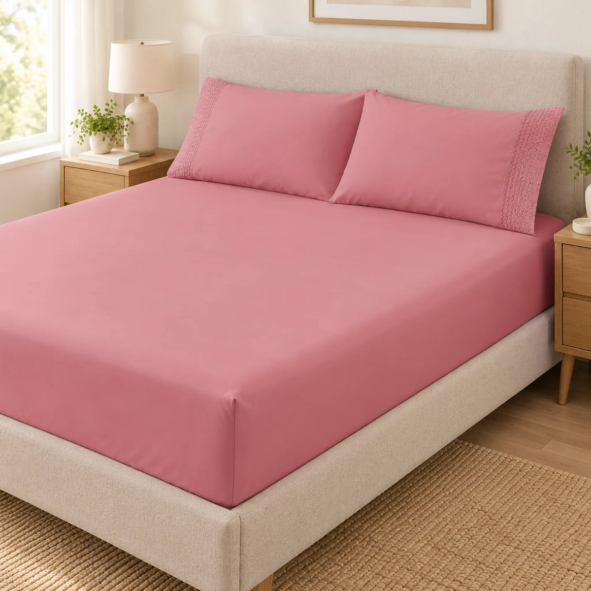 Forro ajustable liso con 2 sobrefundas bordadas, color Rosa Viejo – vista en ángulo