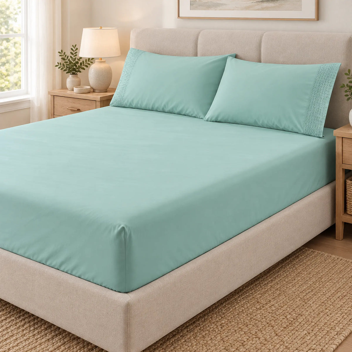 Forro ajustable liso con 2 sobrefundas bordadas, color Verde Menta – vista en ángulo