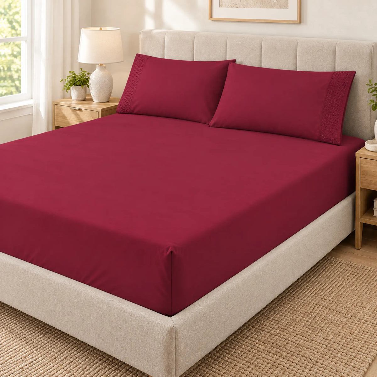 Forro ajustable liso con 2 sobrefundas bordadas, color Vino – vista en ángulo