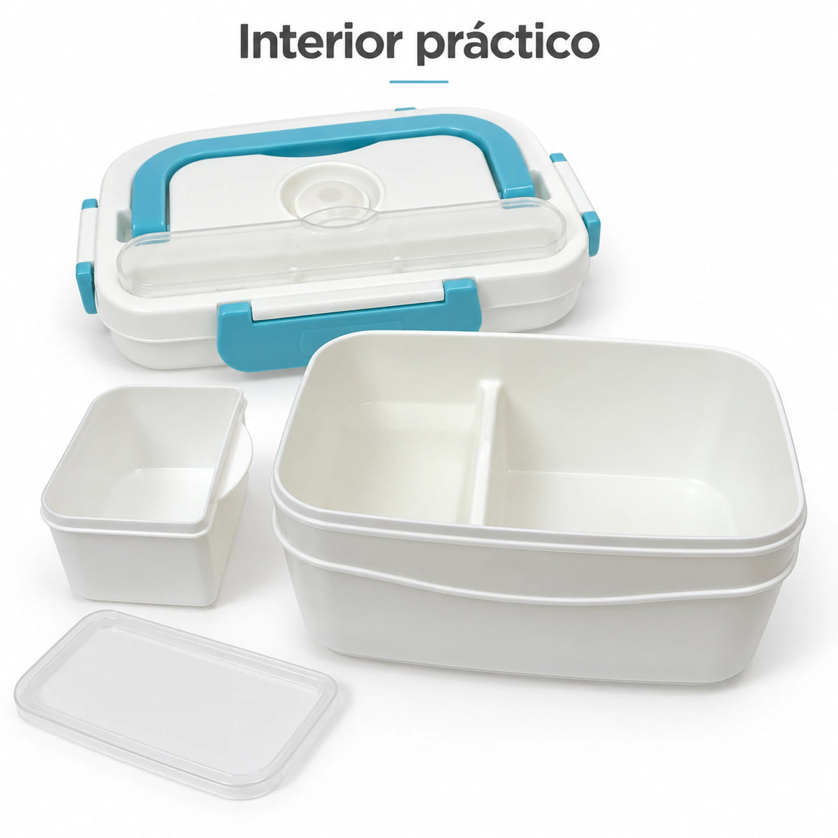 Interior de la lonchera eléctrica LOTUS turquesa: caja dividida y recipiente adicional con tapa