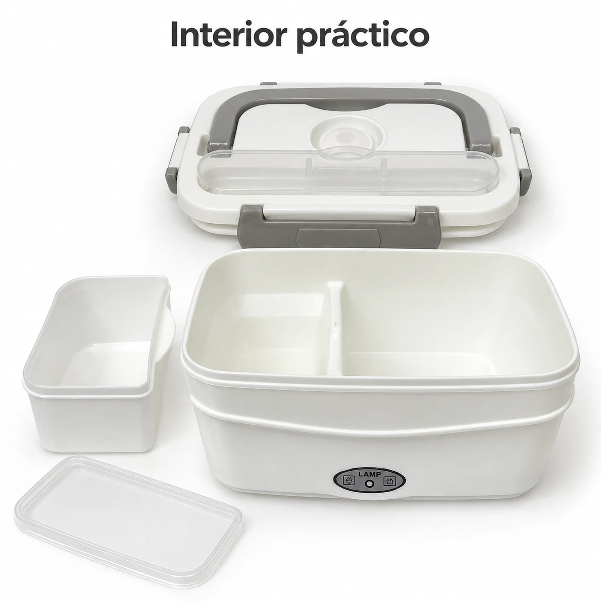 Interior de la lonchera eléctrica LOTUS gris: caja dividida y recipiente adicional con tapa