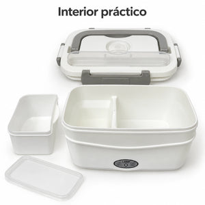 Interior de la lonchera eléctrica LOTUS gris: caja dividida y recipiente adicional con tapa