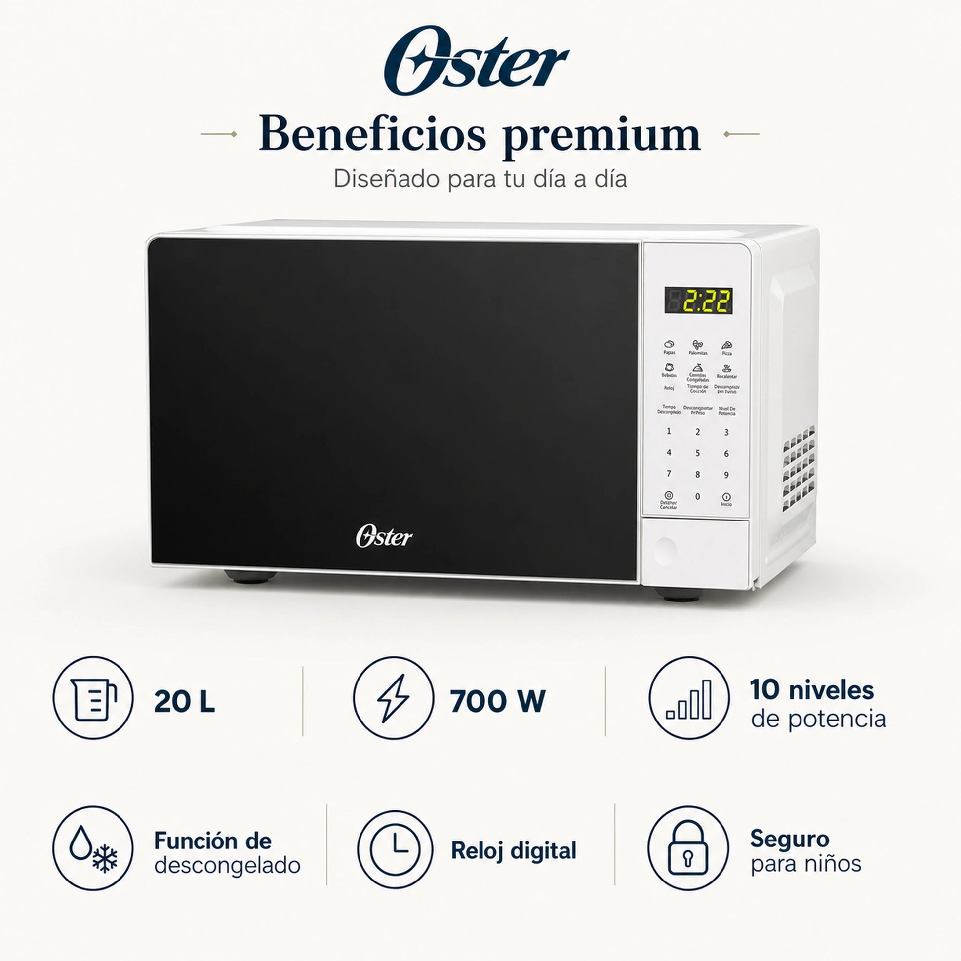 Funciones del microondas Oster OGGE3701: 700W de potencia y 20 litros de capacidad