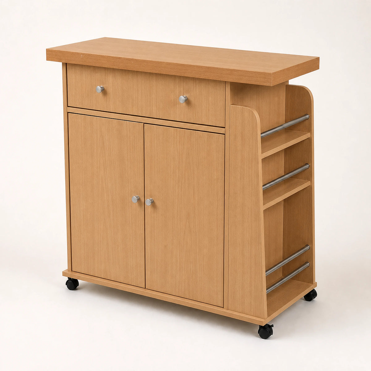 Vista lateral del carrito auxiliar de cocina Madera Beige mostrando las repisas laterales