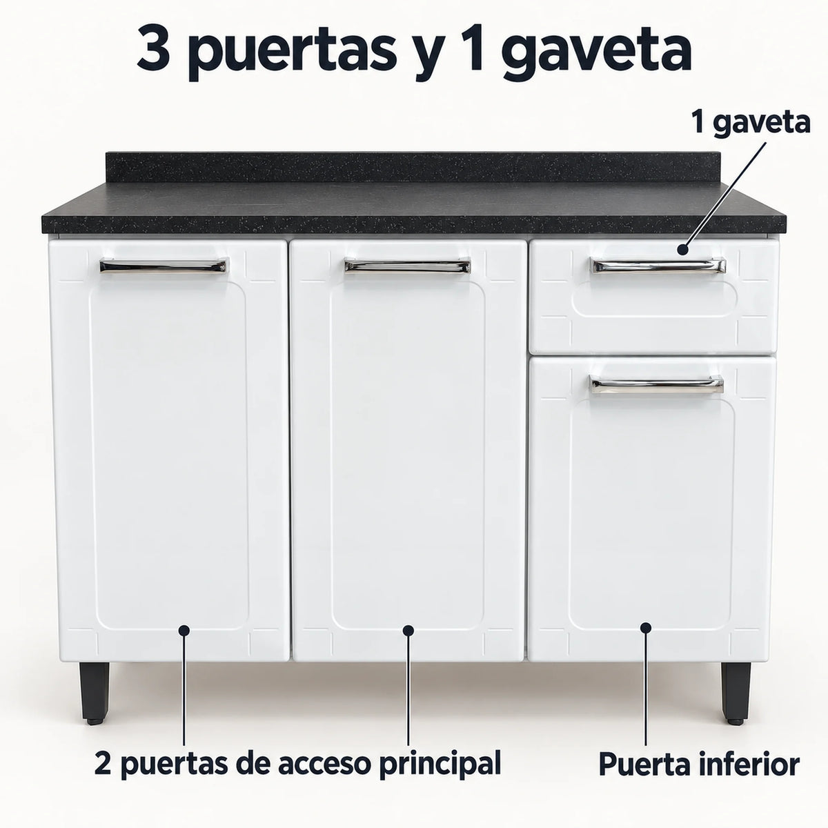 Gabinete de cocina de acero 105 cm – distribución de 3 puertas y 1 gaveta