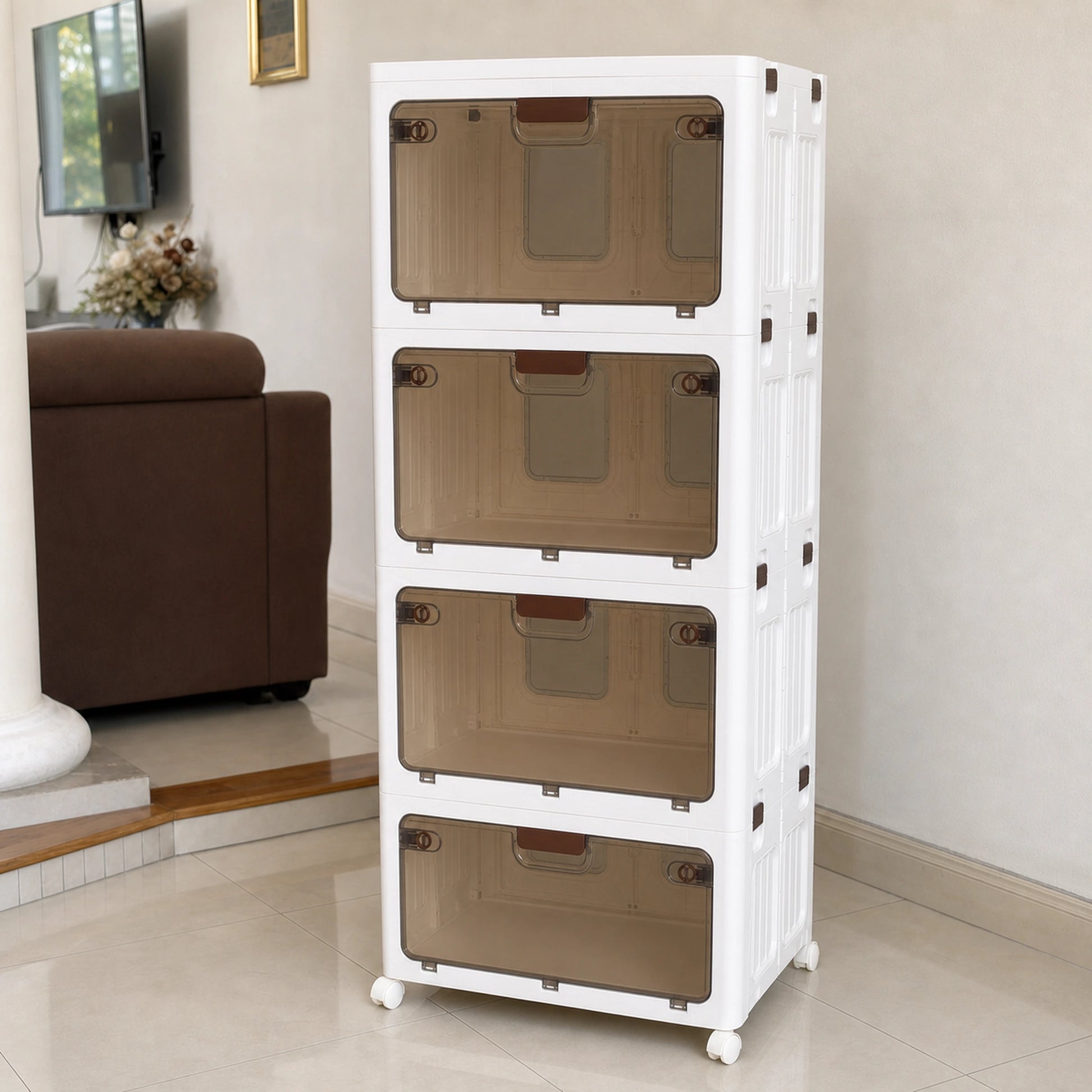 Vista posterior del organizador modular de plástico de 4 niveles