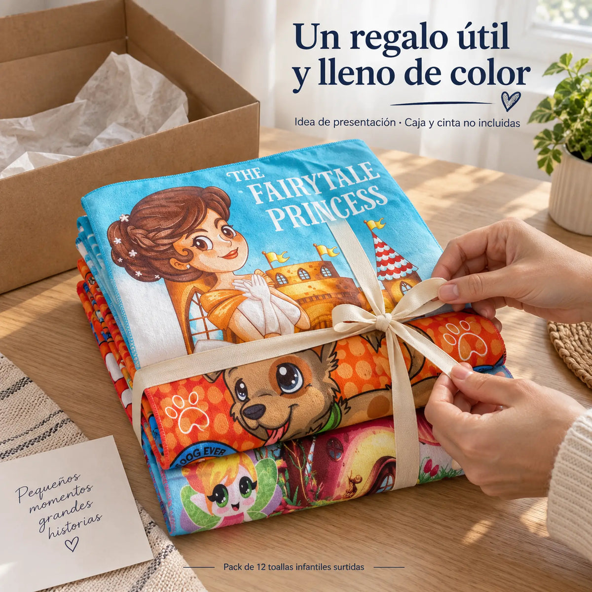 Pack de 12 Toallas Infantiles, idea de regalo con toallas envueltas en cinta