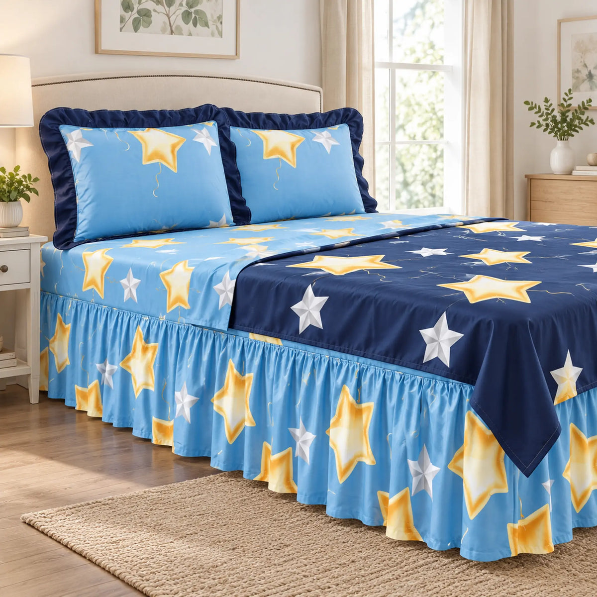 Juego de sábanas con vuelo 4 piezas, diseño Estrellas Doradas Azul – caída en ángulo