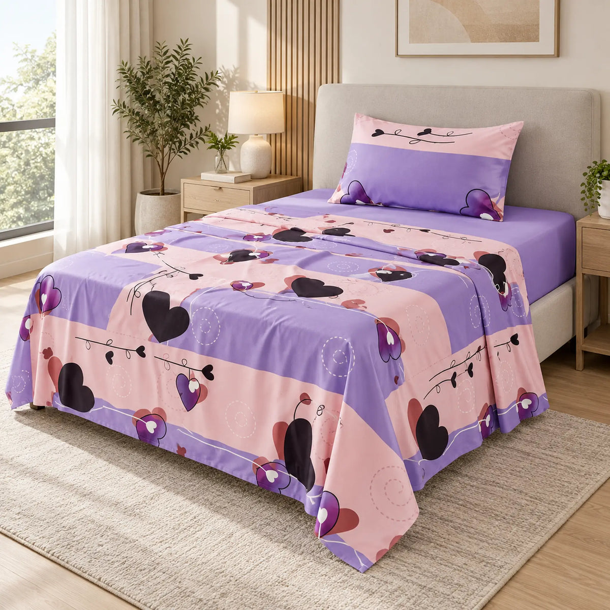Juego de sábanas semimatrimonial 1.20 m, diseño Corazones Lila y Rosa – caída en ángulo