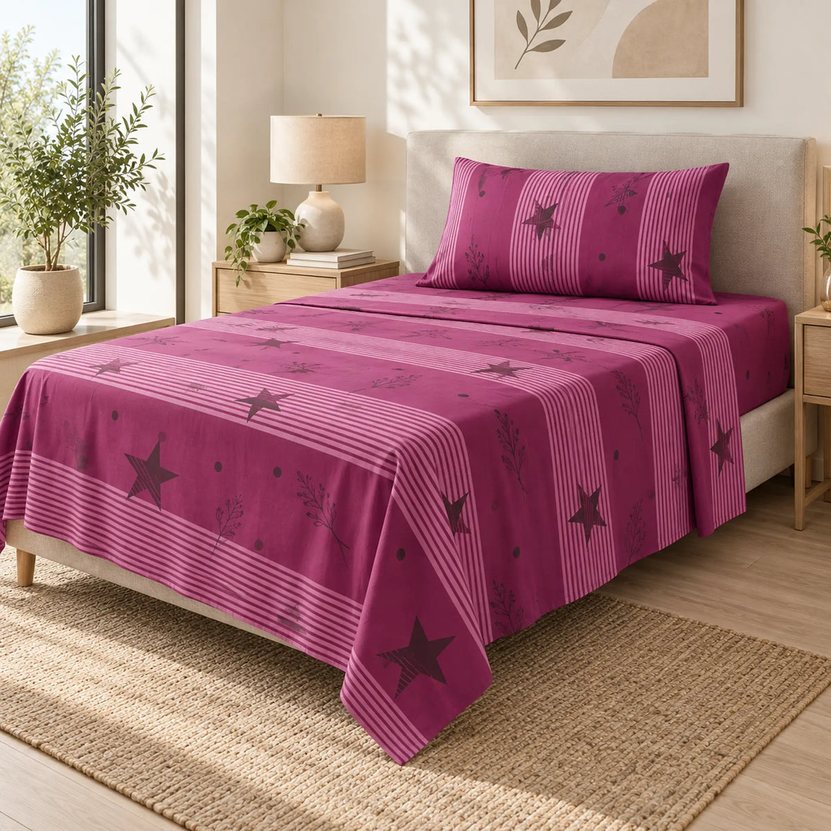 Juego de sábanas semimatrimonial 1.20 m, diseño Estrellas Magenta – caída en ángulo