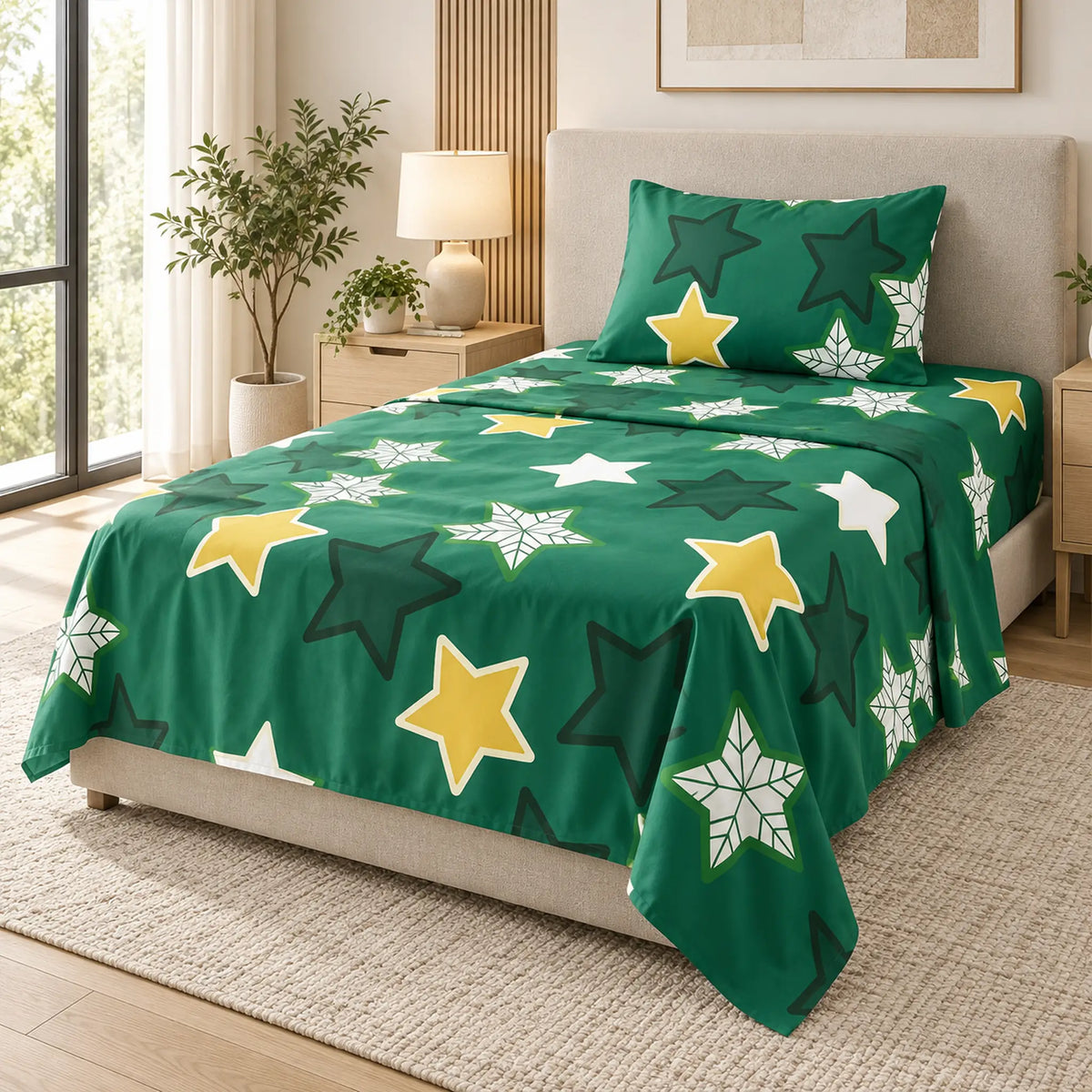 Juego de sábanas semimatrimonial 1.20 m, diseño Estrellas Verde Esmeralda – caída en ángulo