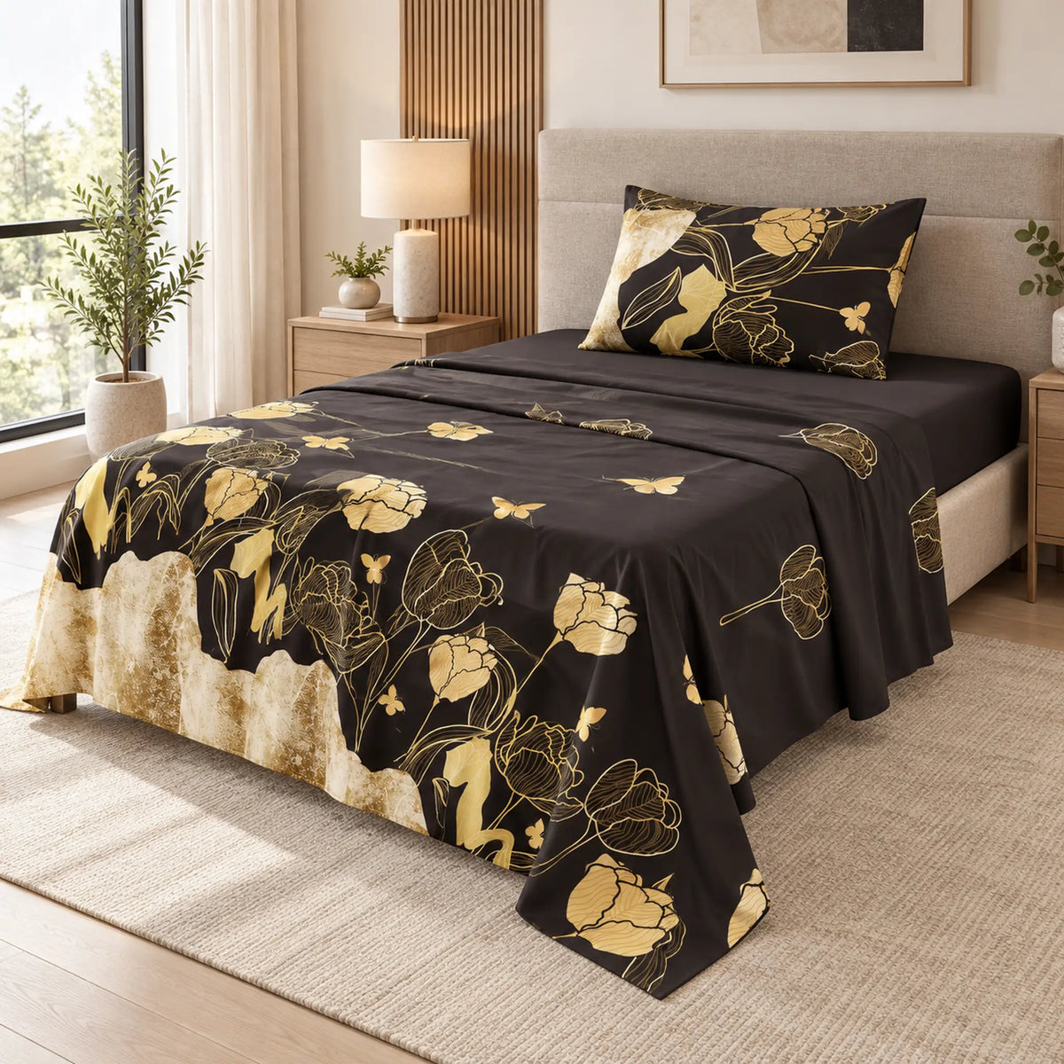 Juego de sábanas semimatrimonial 1.20 m, diseño Flores Doradas Fondo Negro – caída en ángulo