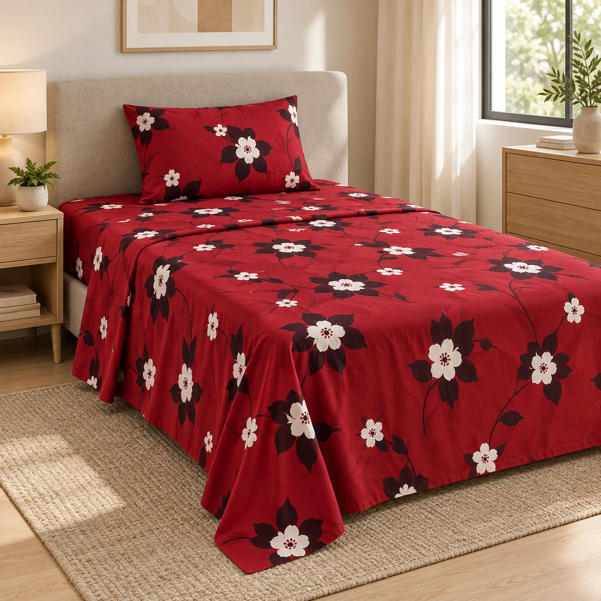Juego de sábanas semimatrimonial 1.20 m, diseño Flores Blancas Fondo Rojo – caída en ángulo