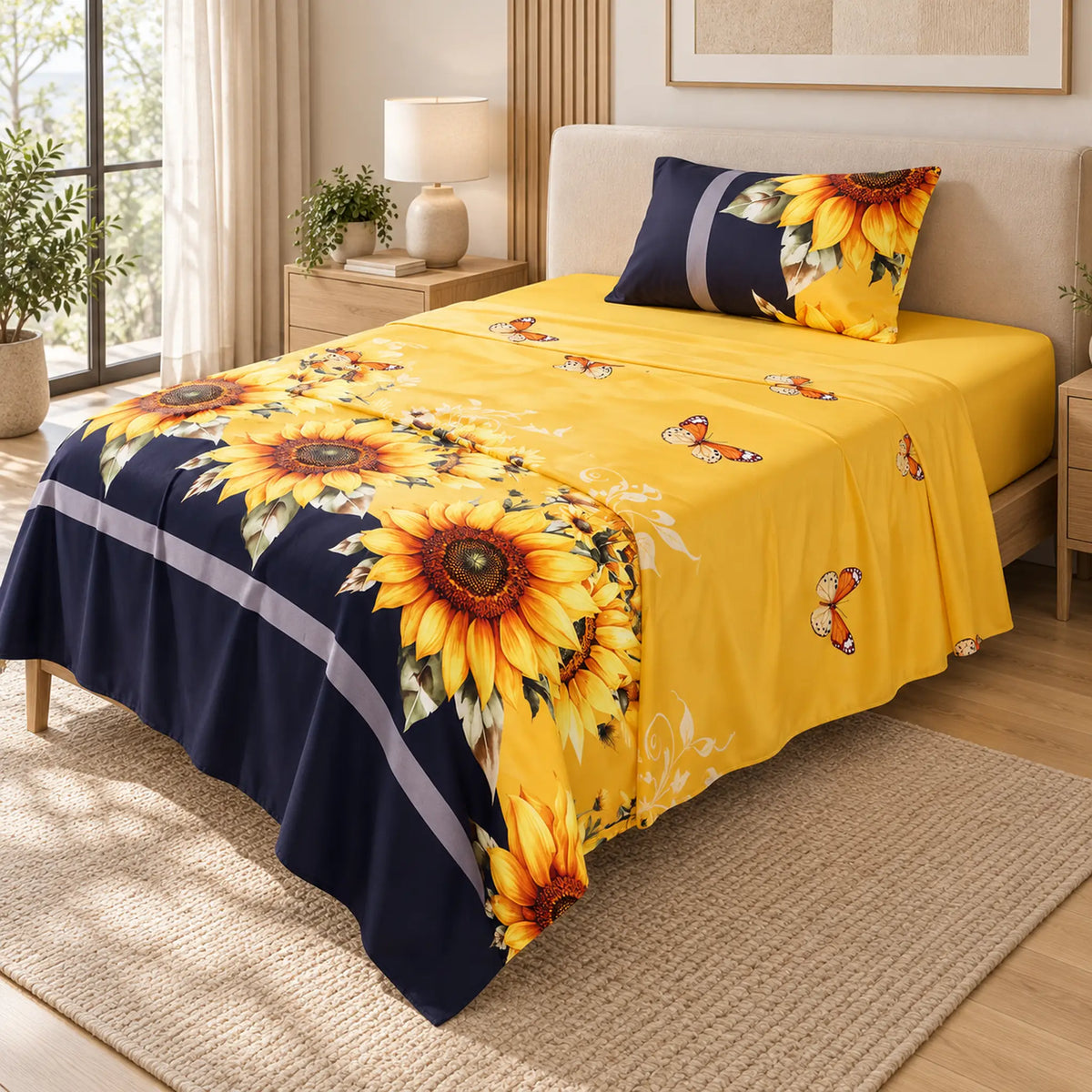 Juego de sábanas semimatrimonial 1.20 m, diseño Girasoles y Mariposas Amarillas – caída en ángulo