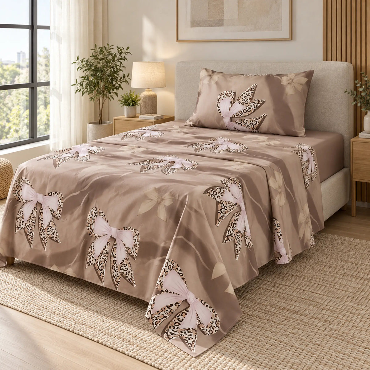 Juego de sábanas semimatrimonial 1.20 m, diseño Lazos Beige Leopardo – caída en ángulo