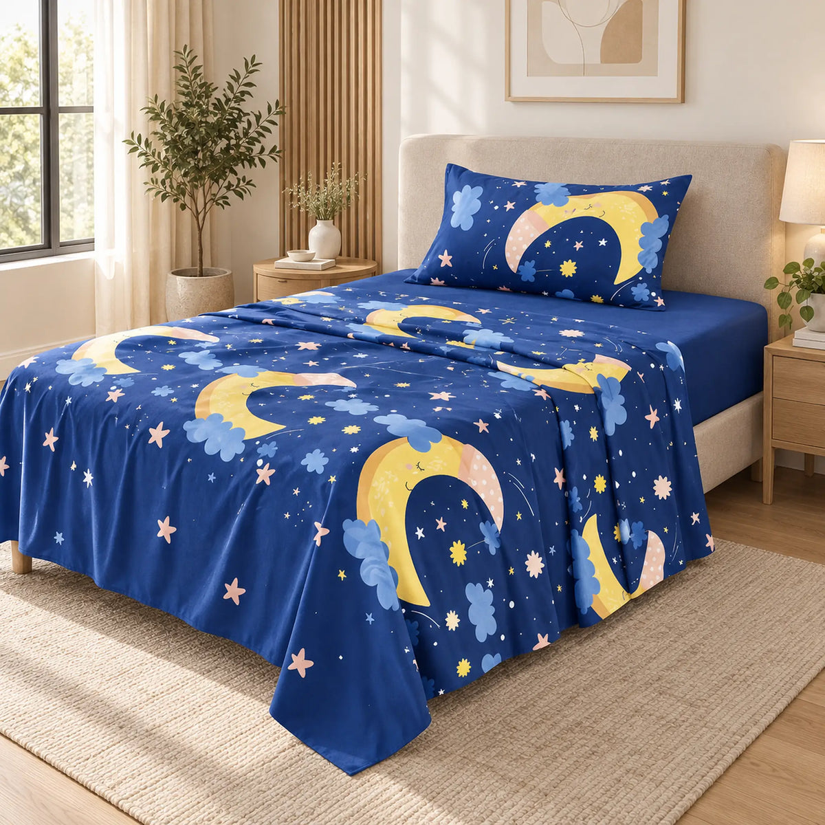 Juego de sábanas semimatrimonial 1.20 m, diseño Lunas y Estrellas Azul Marino – caída en ángulo