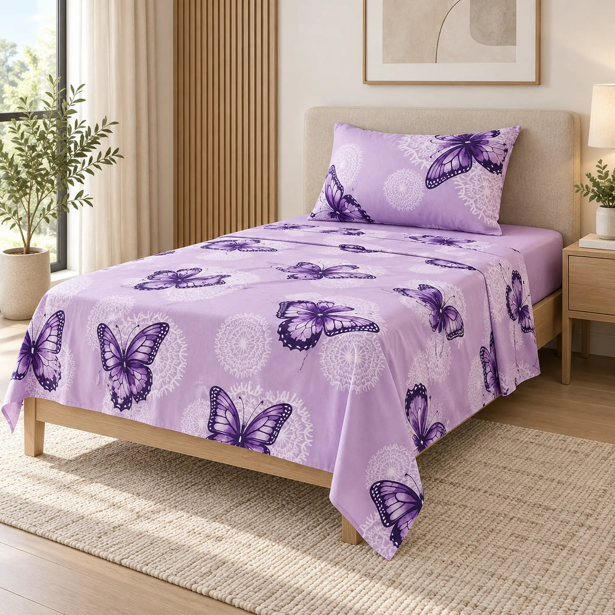Juego de sábanas semimatrimonial 1.20 m, diseño Mariposas Lila – caída en ángulo