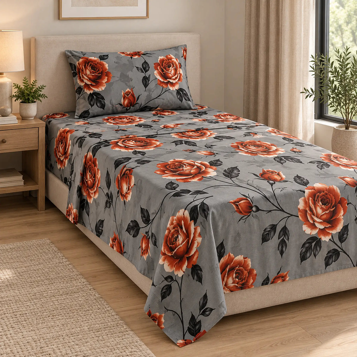 Juego de sábanas semimatrimonial 1.20 m, diseño Rosas Naranjas Fondo Gris – caída en ángulo