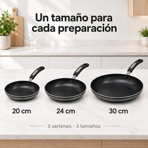 Comparación de tamaños del set de sartenes Alsasa 20, 24 y 30 cm