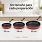 Comparación de tamaños del set de sartenes Alsasa 20, 24 y 30 cm en rojo