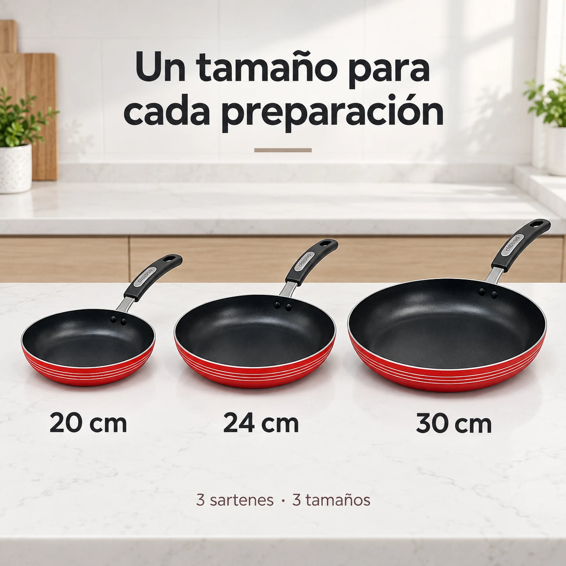 Comparación de tamaños del set de sartenes Alsasa 20, 24 y 30 cm en rojo