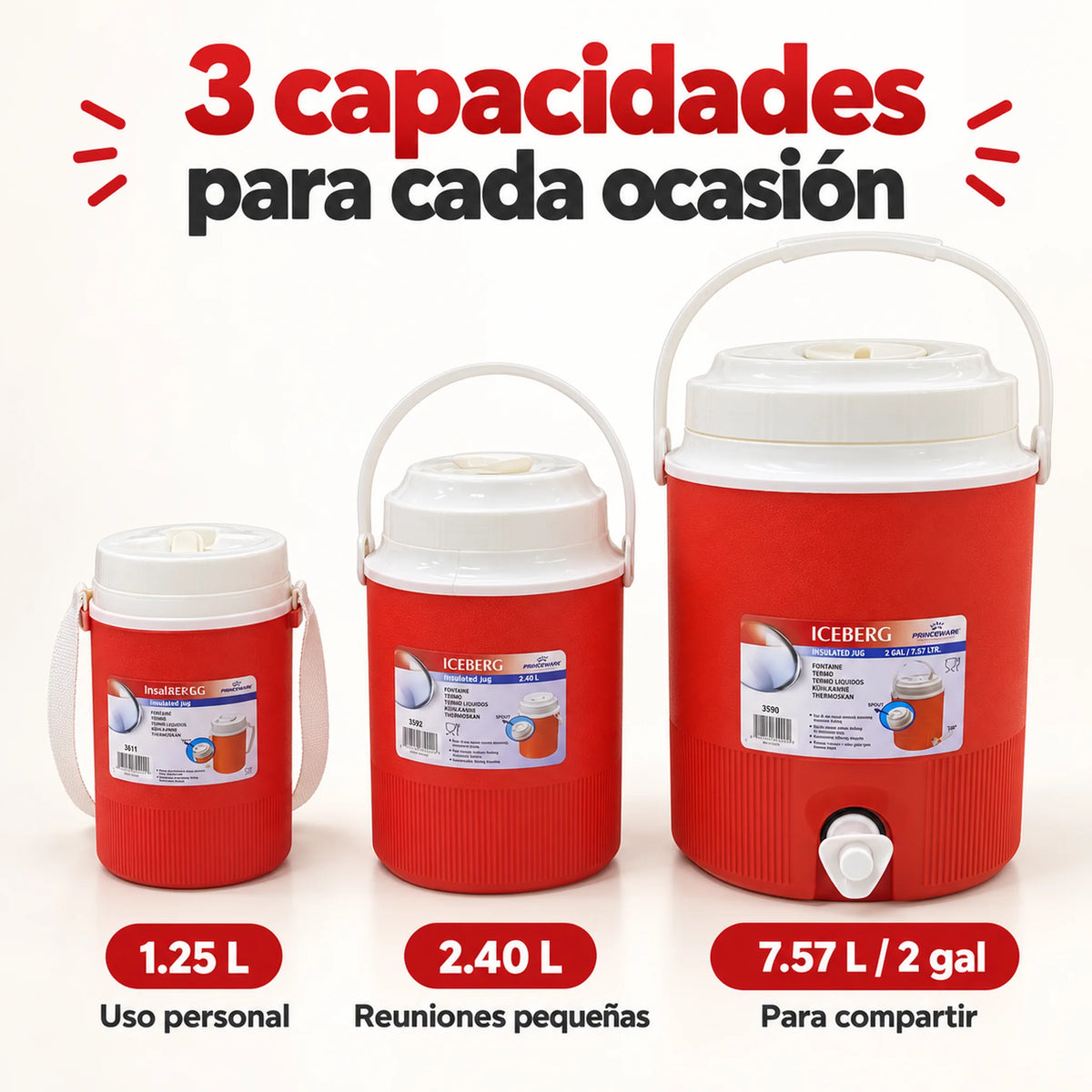 Set de 3 termos para líquidos color rojo – 3 capacidades: 1.25 L, 2.40 L y 7.57 L