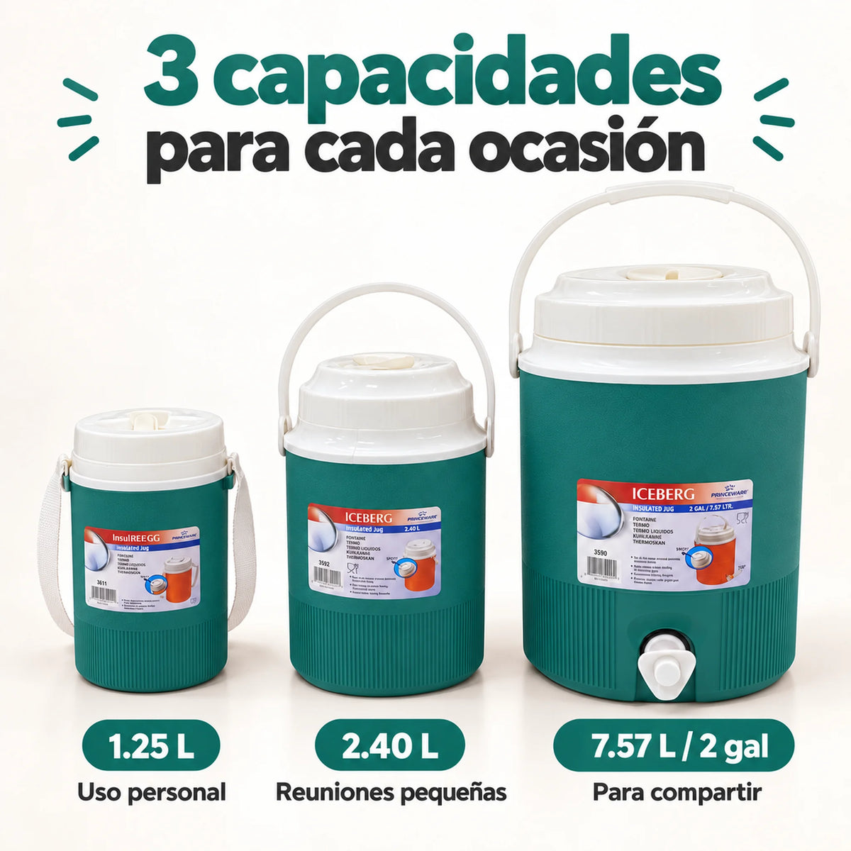 Set de 3 termos para líquidos color turquesa – 3 capacidades: 1.25 L, 2.40 L y 7.57 L