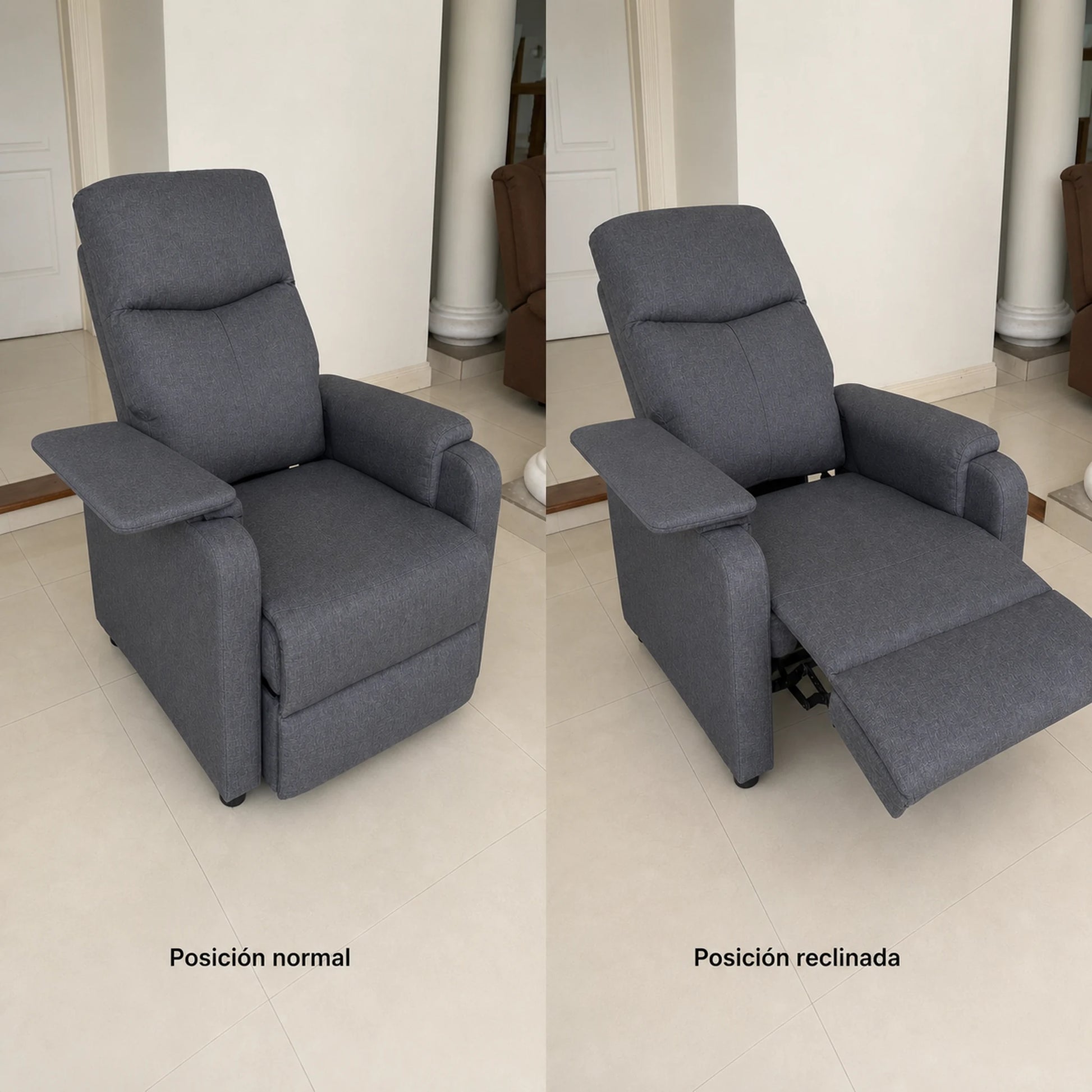 Comparación del sillón reclinable en gris en posición normal y en posición reclinada