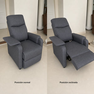 Comparación del sillón reclinable en gris en posición normal y en posición reclinada