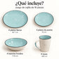 Piezas incluidas en el juego de vajilla Lotus color Celeste: platos llanos, platos de postre, tazones hondos y tazas