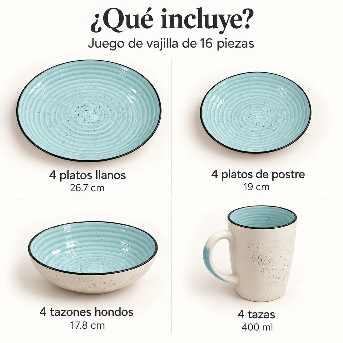 Piezas incluidas en el juego de vajilla Lotus color Celeste: platos llanos, platos de postre, tazones hondos y tazas