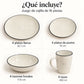 Piezas incluidas en el juego de vajilla Lotus color Crema: platos llanos, platos de postre, tazones hondos y tazas