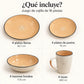 Piezas incluidas en el juego de vajilla Lotus color Durazno: platos llanos, platos de postre, tazones hondos y tazas