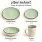 Piezas incluidas en el juego de vajilla Lotus color Verde Salvia: platos llanos, platos de postre, tazones hondos y tazas