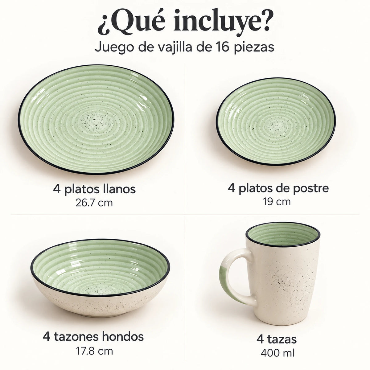 Piezas incluidas en el juego de vajilla Lotus color Verde Salvia: platos llanos, platos de postre, tazones hondos y tazas