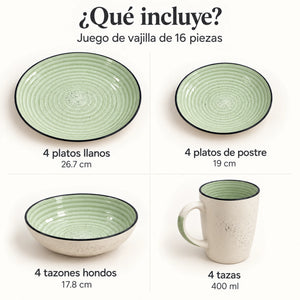 Piezas incluidas en el juego de vajilla Lotus color Verde Salvia: platos llanos, platos de postre, tazones hondos y tazas