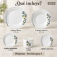 Piezas incluidas en la vajilla de porcelana Lotus, diseño Mariposas Aqua: platos, plato hondo, plato de postre, taza y plato