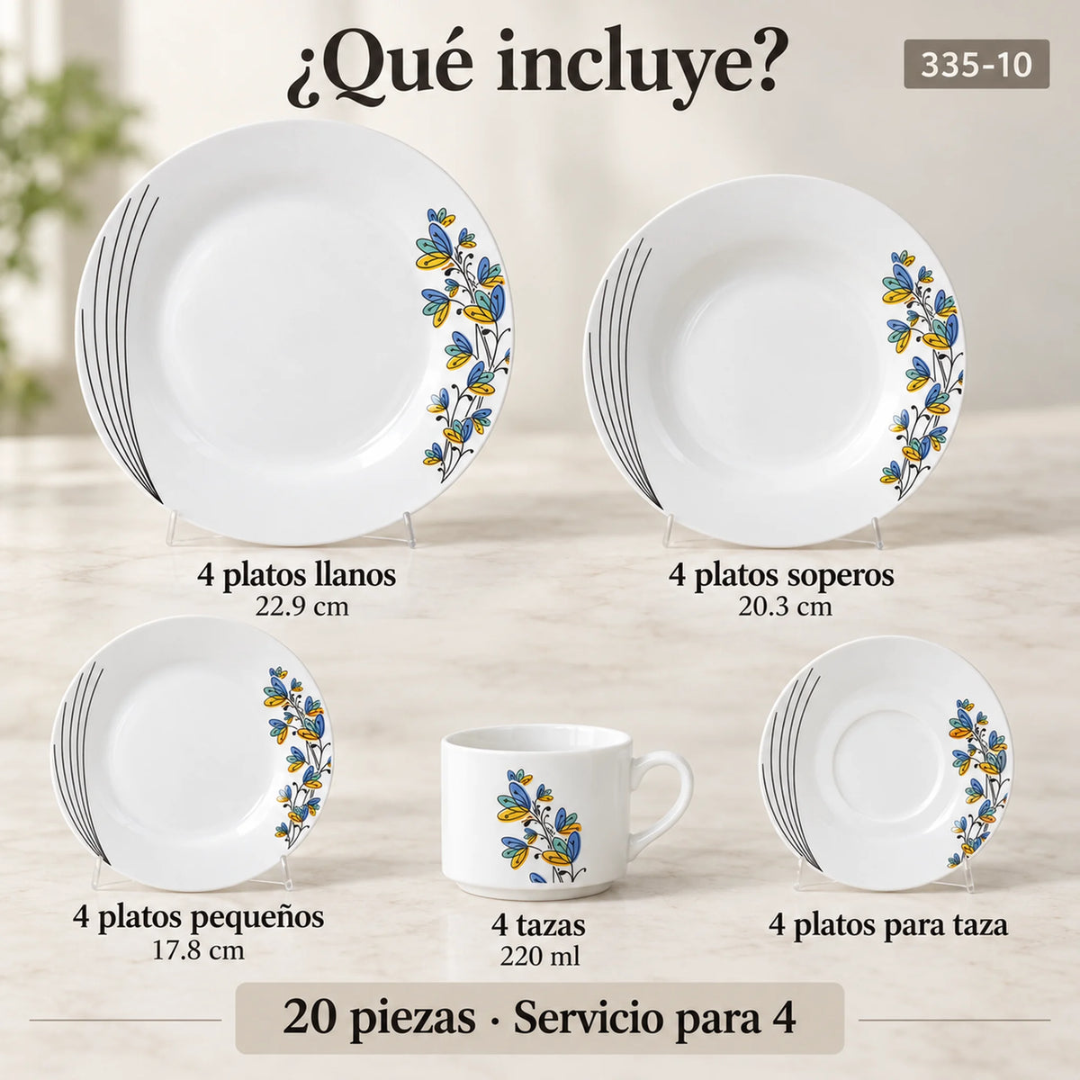 Piezas incluidas en la vajilla de porcelana Lotus, diseño Mariposas Aqua: platos, plato hondo, plato de postre, taza y plato