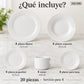 Piezas incluidas en la vajilla de porcelana Lotus, diseño Blanco Clásico: platos, plato hondo, plato de postre, taza y plato