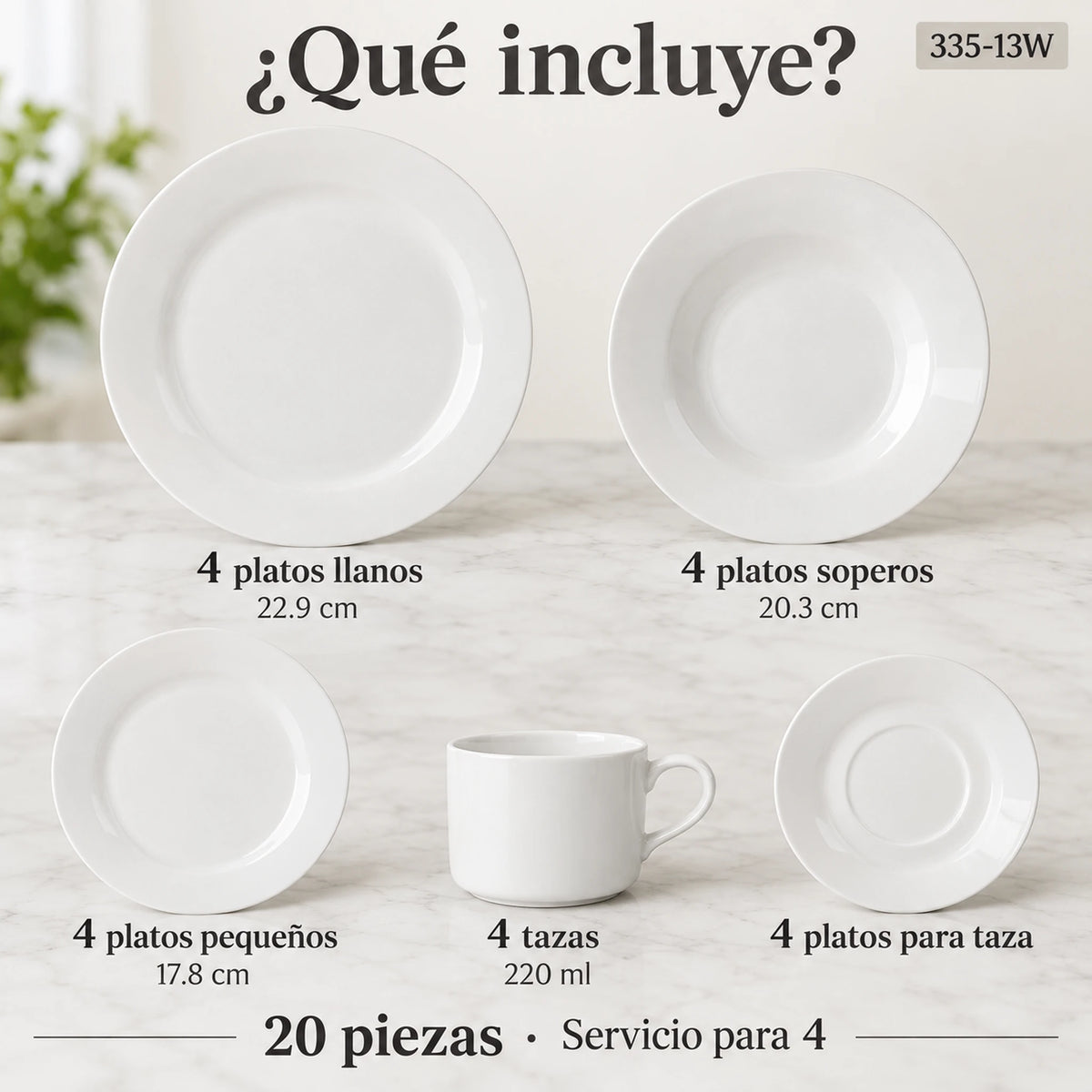 Piezas incluidas en la vajilla de porcelana Lotus, diseño Blanco Clásico: platos, plato hondo, plato de postre, taza y plato