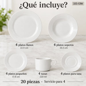 Piezas incluidas en la vajilla de porcelana Lotus, diseño Blanco Clásico: platos, plato hondo, plato de postre, taza y plato